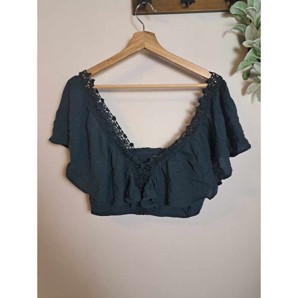 American Eagle Green Lace Butterfly Sleeve Crop Top Boho Size Large